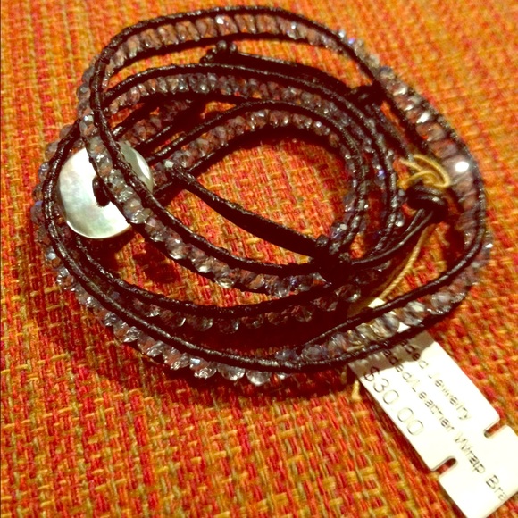 NWT clear crystal beaded leather wrap