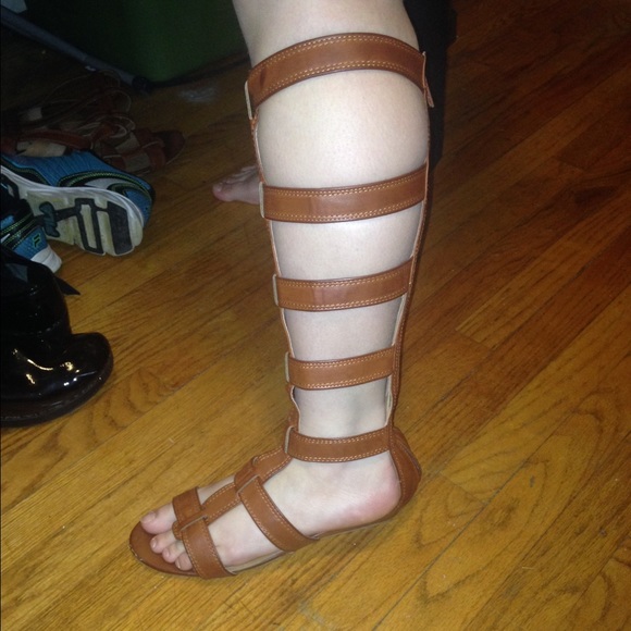 Gladiator Style Brown Leather Knee High Sandals