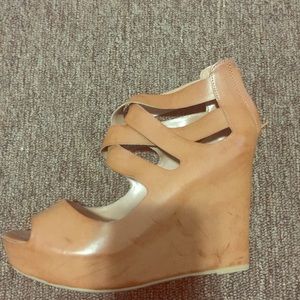 Camel color straps wedges