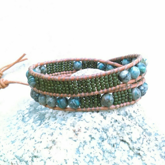 Picasso Jasper & Seeds Mix Wrap Leather Bracelet - Picture 3 of 4
