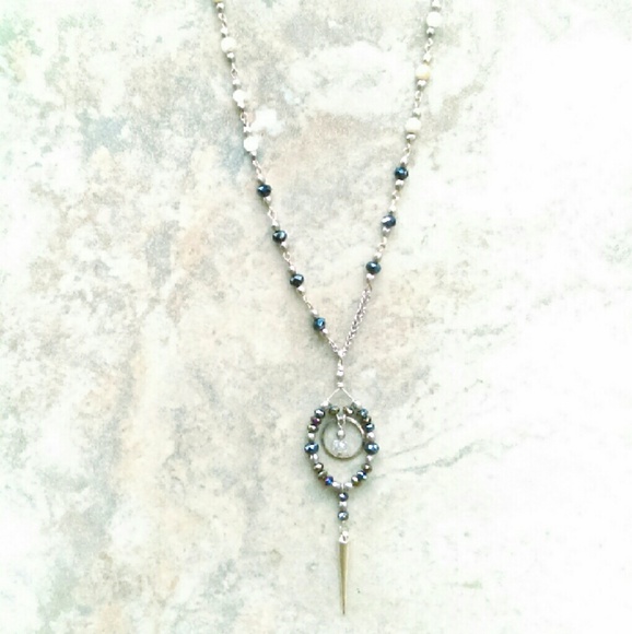Botswana Agate & Crystals Mix Long Spikes Necklace