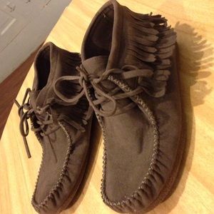 Grey Fringe Tall Moccasins with Laces