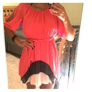 Coral, Navy, White Chiffon Dress