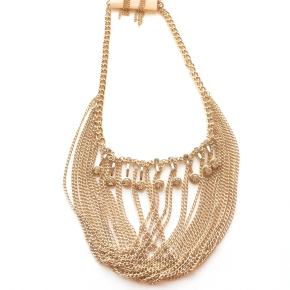 Draped gold chains & rhinestone necklace - Picture 2 of 4