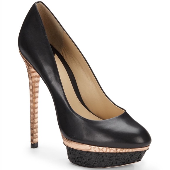 Brian Atwood Black Leather Python Embossed Pumps