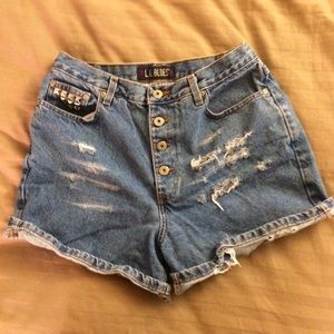 High Waisted hand distressed denim shorts