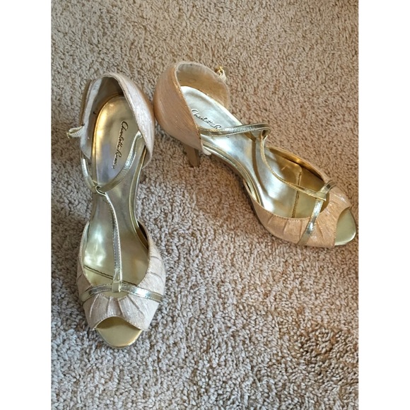 Gold Peep-Toe T-Strap Heels