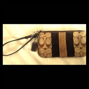 Brown canvas/suede stripe authentic Coach wristlet