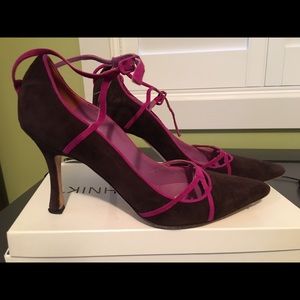 Manolo Blahnik suede heels, brown with pink.