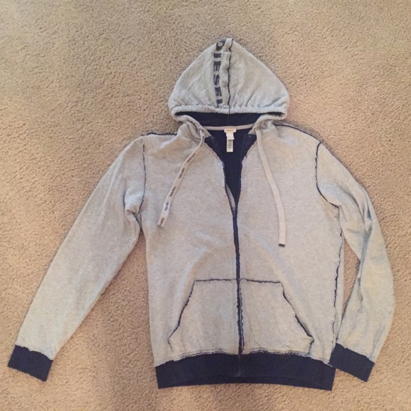 Diesel Men's grey hoodie with dark blue trim