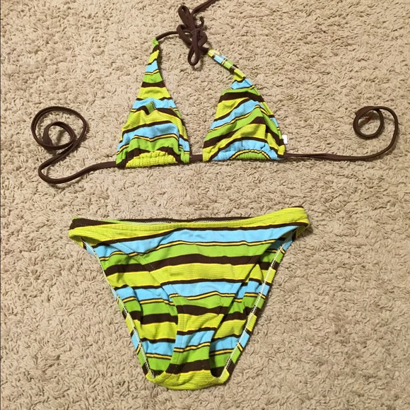 Bikini, brown blue and green.
