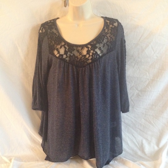 Free People Dark Blue Lace Paneled Top