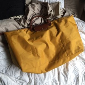 Mustard yellow Longchamp XL travel tote
