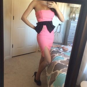 Pink and black bodycon dress with bow and split