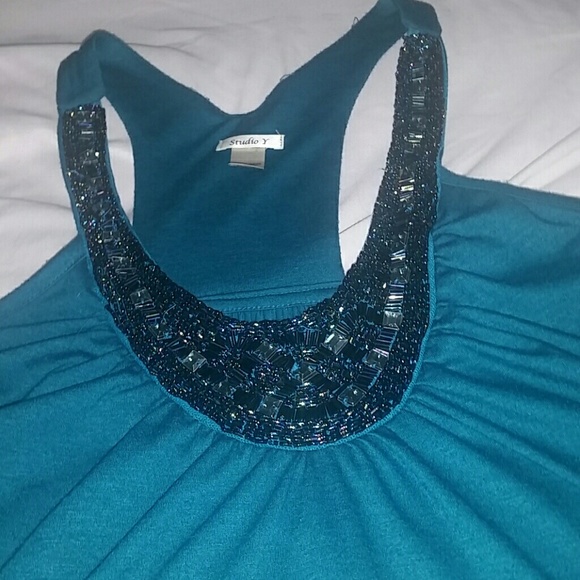 $8 Teal Razor Back Tank w/ Jeweled Collar