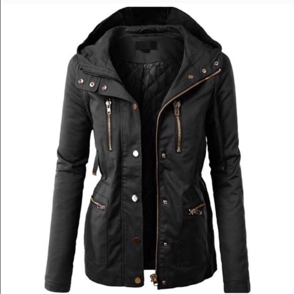 Black Military Cargo Quilted Jacket Small Zipper