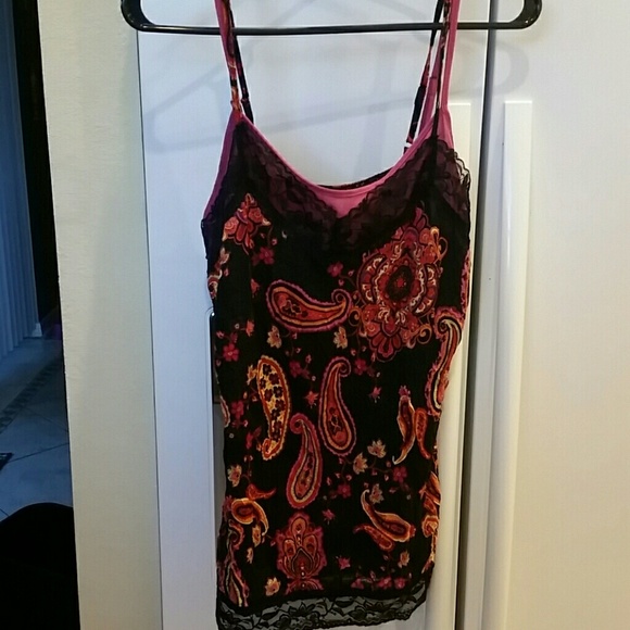 Black and multicolored lacy spaghetti tank top