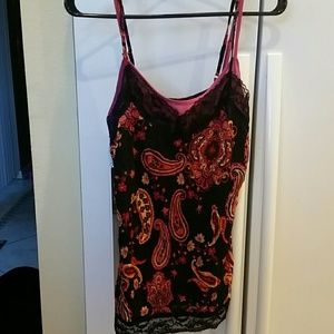 Black and multicolored lacy spaghetti tank top