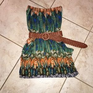 Strapless peacock feather print dress