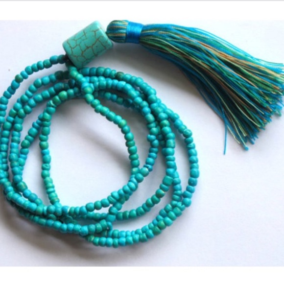 Aqua turquoise beaded tassel necklace