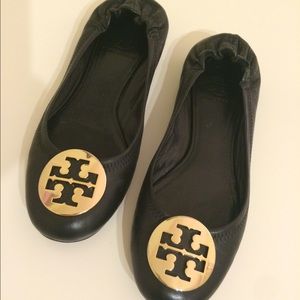 Tory Burch Reva Black Leather Flats - Size 7.5