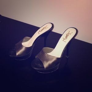 YSL black and olive satin sandal heels
