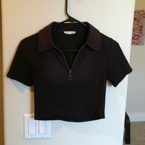 Collared black crop top w/ gold zipper