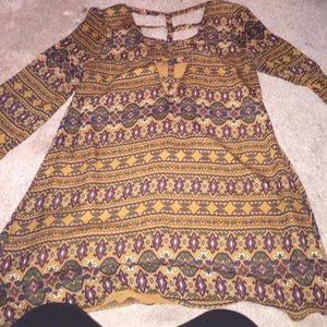 Long sleeve, silk material tribal print dress