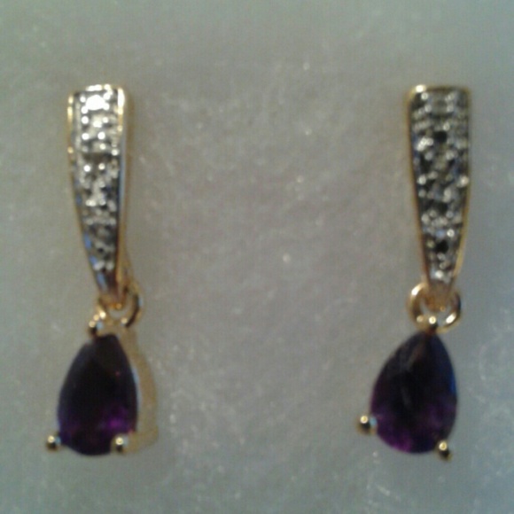 Gold Tone Earrings With Purple Stones - Picture 1 of 3