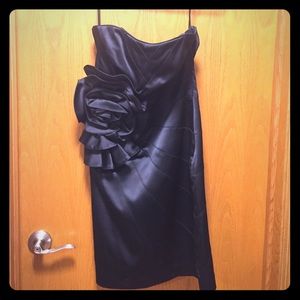 Black satin strapless dress w/ flower detail