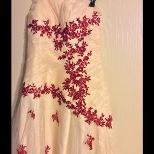 Ivory/red long strapless dress wedding dress.
