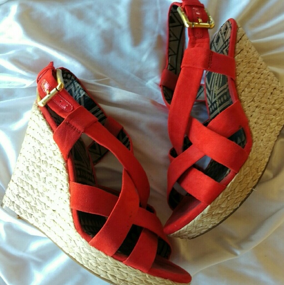 Coral Red Jessica Simpson Strappy Wedge Heels