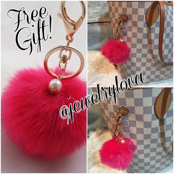 Pom Pom faux fur keychain in Watermelon Red