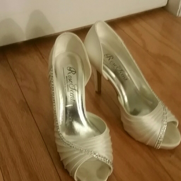 White Satin Peep Toe shoes with Rhinestones