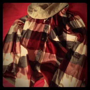 Dark red,white,and black flannel with a hoodie