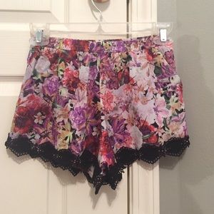 Floral print, black lace shorts