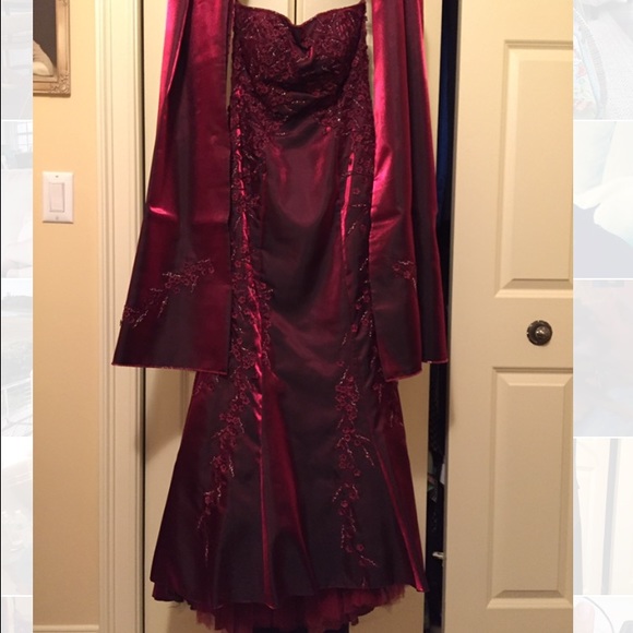 Sue Wong beaded burgundy evening gown and shawl.