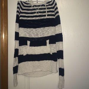 Blue and white striped hoodie sweater