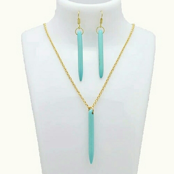 Necklace and earrings set turquoise and gold color - Picture 1 of 3
