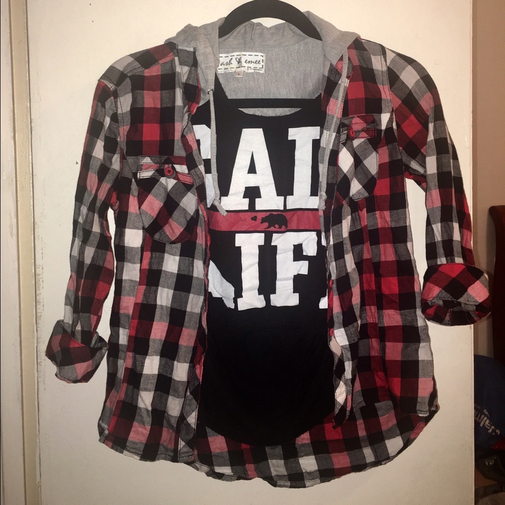 Plaid hi low hooded shirt
