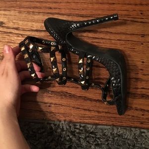 Black python printed gold studded heels