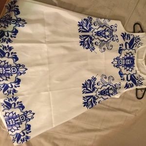White and blue bathing suit cover up