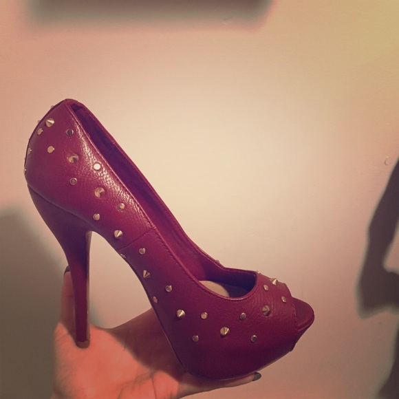 burgundy red platform heels with gold spikes