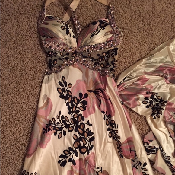 Floral design silk  prom dress with beads