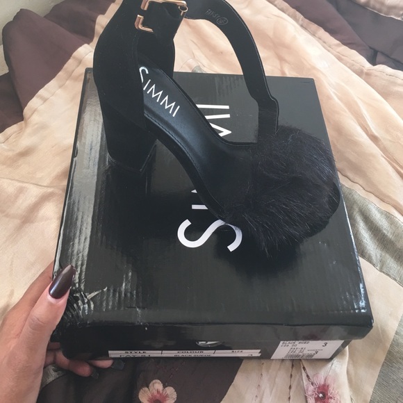 Black suede faux fur block heel