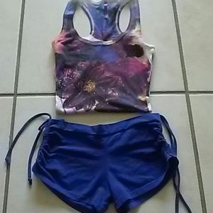 Yoga blue shorts. Embellished tank.