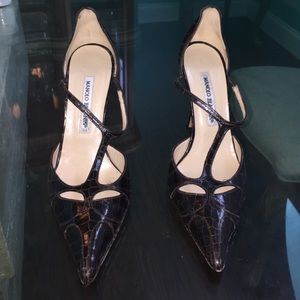 Manolo Blahnik Brown Croc T-Strap Heels 38