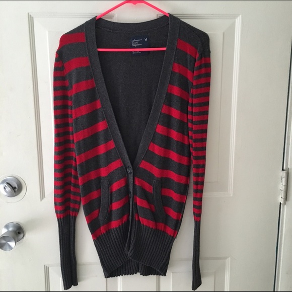 American Eagle Red & Grey Striped Cardigan