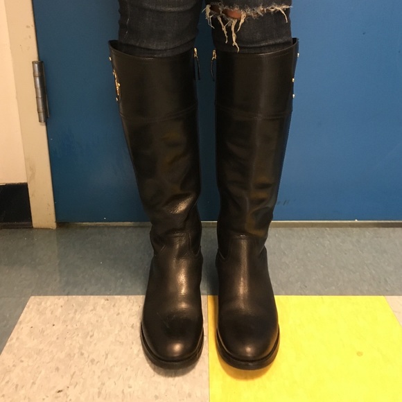 Tory Burch leather rider boots with gold logo - Picture 2 of 4