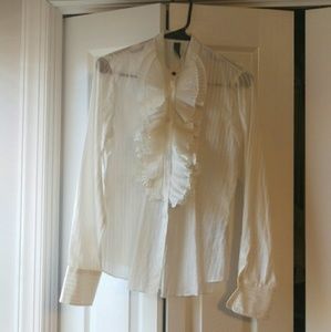 Ralph Lauren white striped ruffle front button up